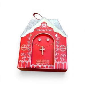 Holiday Lane 2 Piece Zirconia 18kt Gold Sterling Silver Studs & Cross Necklace